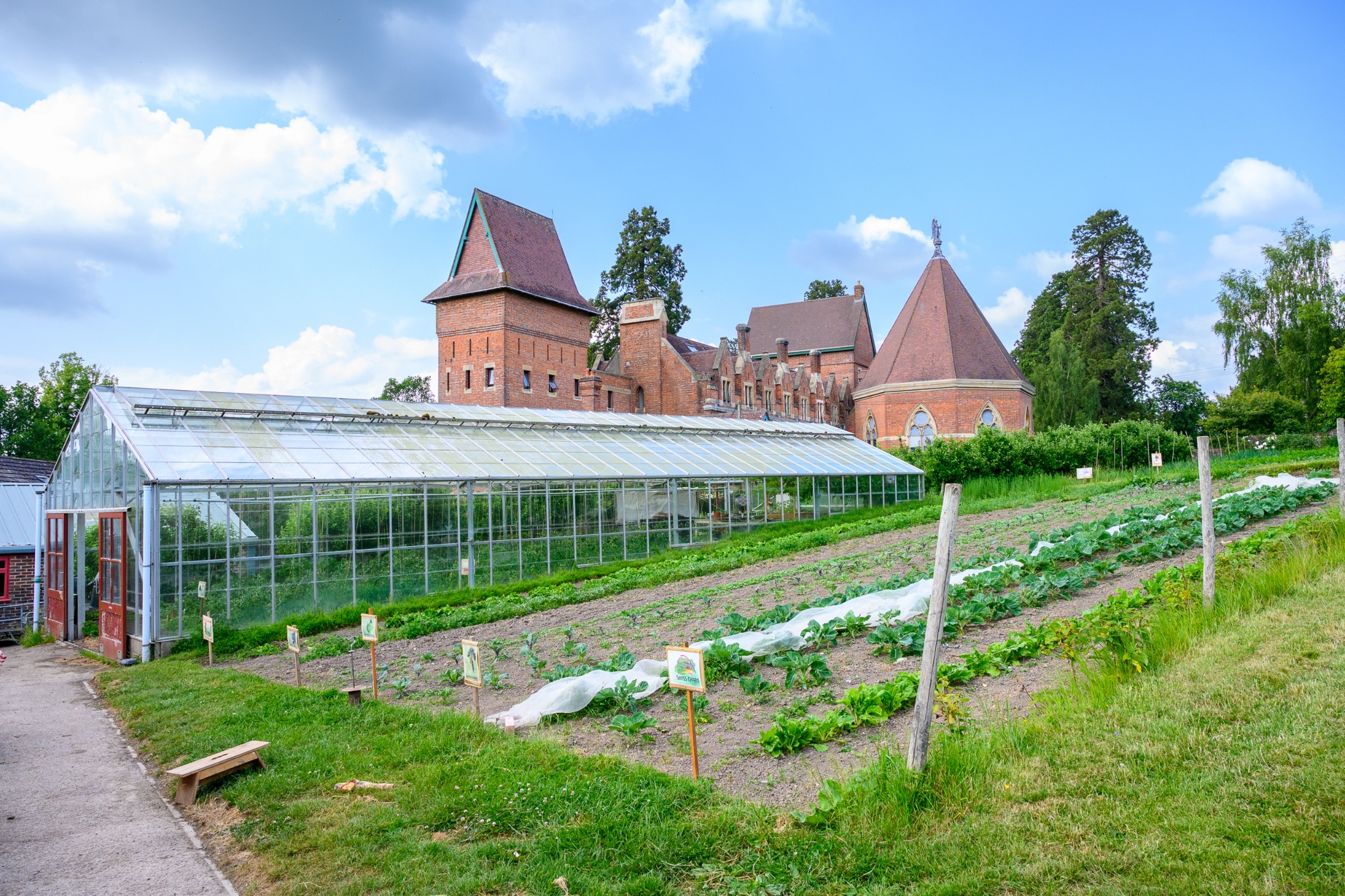 A picture of the vegetable garden with a greenhouse and the Mount House in the background